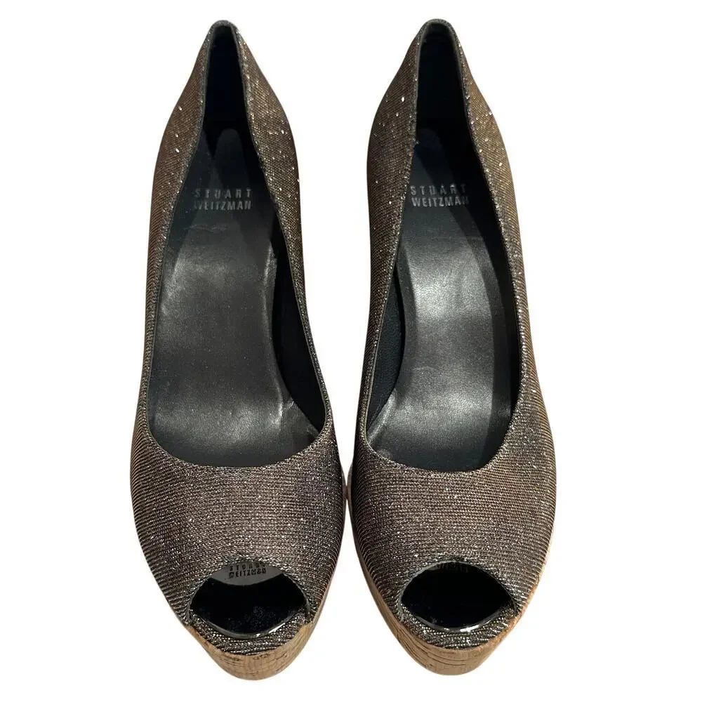 Stuart Weitzman Metallic Anna Cork Wedge Platform Peep Toe Pumps, Size 8, EUC